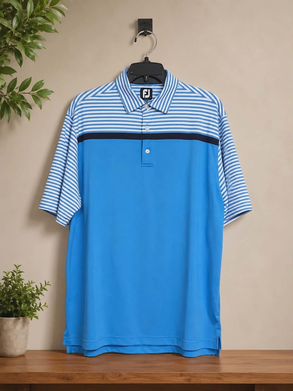 FootJoy Men’s Golf Polo Shirt Large Blue Striped Athletic Performance EUC